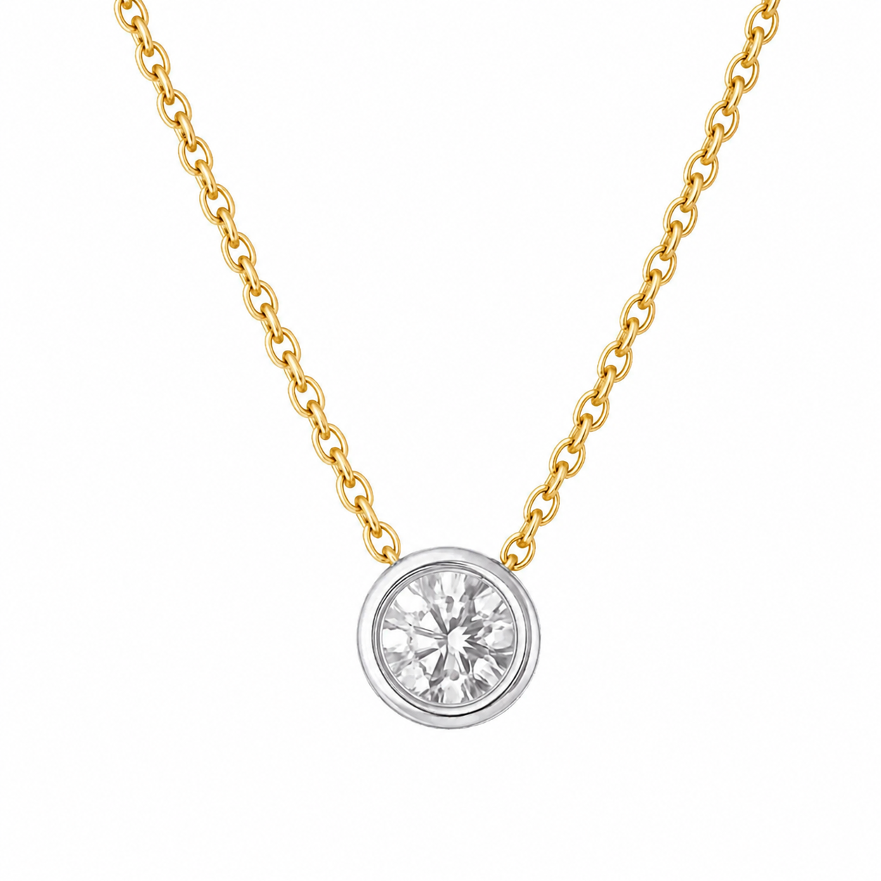 Two Tone Bezel Set Diamond Solitaire Necklace